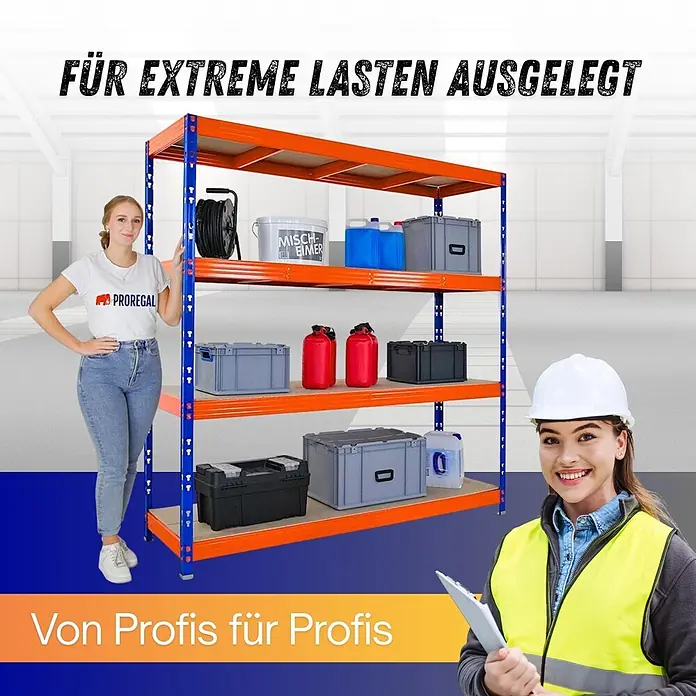 Proregal Schwerlastregal Profi RHINO - H x B x T: 200 x 200 x 60 cm, Traglast pro Boden: 500 kg, Anzahl Böden: 4 Stk., Stecken, Schwarz - Oranges und blaues Schwerlastregal aus Metall, robust für extreme Lasten konzipiert, in Lagerumgebung präsentiert.