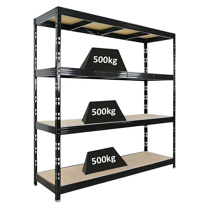 Proregal Schwerlastregal Profi RHINO - Traglast pro Boden: 500 kg, Anzahl Böden: 4 Stk., Stecken, Schwarz - Schwarzes Metallregal mit 4 Schwerlastböden, jeder für 500kg, für robuste Lagerung.