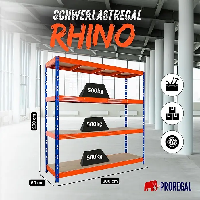 Proregal Schwerlastregal Profi RHINO - H x B x T: 200 x 200 x 60 cm, Traglast pro Boden: 500 kg, Anzahl Böden: 4 Stk., Stecken, Schwarz - Blau-oranges Schwerlastregal Rhino mit 4 Böden, je 500kg Tragkraft, H200xW200xT60 cm, für Industrie und Lager.
