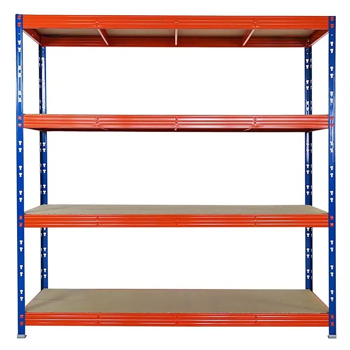 Proregal Schwerlastregal Profi RHINO - H x B x T: 200 x 200 x 60 cm, Traglast pro Boden: 500 kg, Anzahl Böden: 4 Stk., Stecken, Schwarz - Ein robustes, vierstöckiges Metallregal mit roten Trägern und blauen Stützen, mit beigen Regalböden.