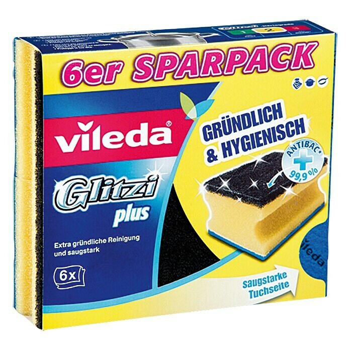 Vileda Topfreiniger Glitzi PlusGlitzi Härtegrad: 2, 6 Stk., Antibakteriell Front View