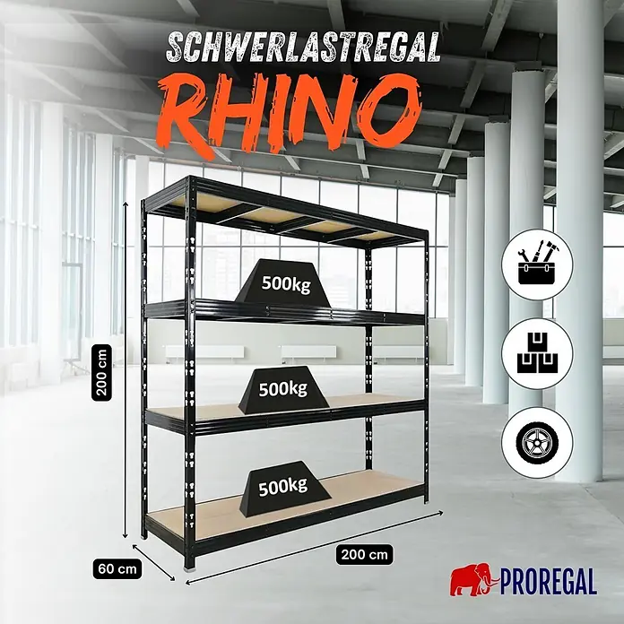 Proregal Schwerlastregal Profi RHINO - Traglast pro Boden: 500 kg, Anzahl Böden: 4 Stk., Stecken, Schwarz - Schwarzes Metall Schwerlastregal Rhino mit Holzablagen, 500kg Tragkraft pro Boden, in Industrieumgebung.