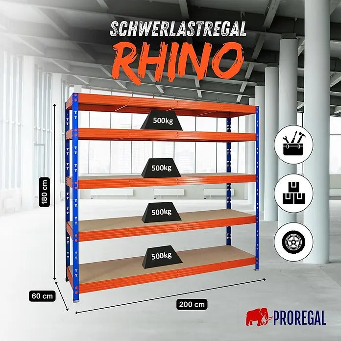 Proregal Schwerlastregal Profi RHINO - H x B x T: 180 x 200 x 60 cm, Traglast pro Boden: 500 kg, Anzahl Böden: 5 Stk., Stecken, Blau - Orange-blaues Schwerlastregal, 180x200x60cm, mit 4 Böden, je 500kg Tragkraft, in Lagerhalle.