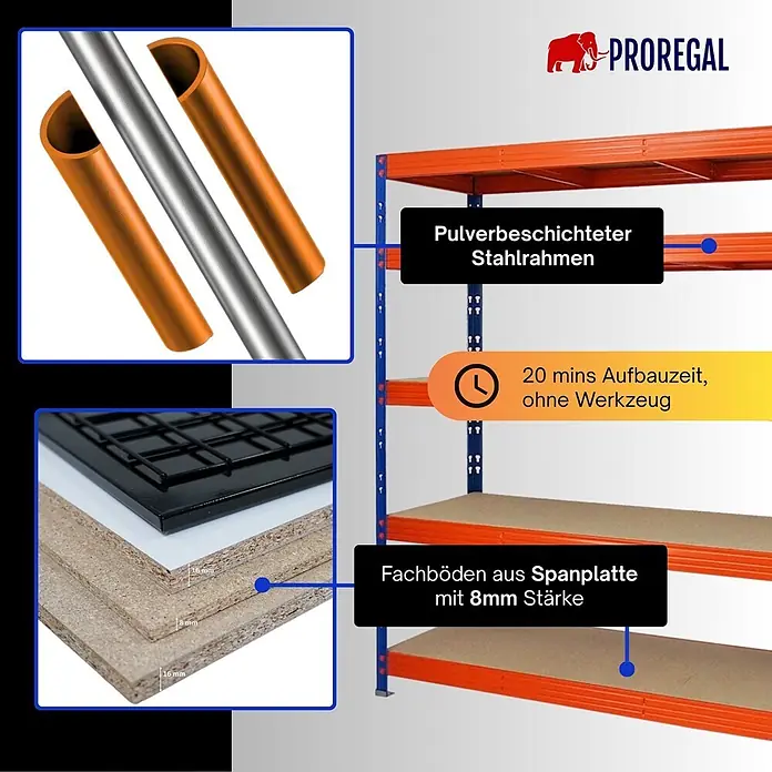Proregal Schwerlastregal Profi RHINO - H x B x T: 180 x 200 x 60 cm, Traglast pro Boden: 500 kg, Anzahl Böden: 5 Stk., Stecken, Blau - Orange-blaues pulverbeschichtetes Stahlregal mit 8mm starken Spanplattenböden.