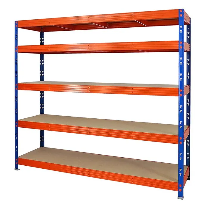 Proregal Schwerlastregal Profi RHINO - H x B x T: 180 x 200 x 60 cm, Traglast pro Boden: 500 kg, Anzahl Böden: 5 Stk., Stecken, Blau - Fünfstöckiges orange-blaues Metallregal mit MDF-Böden, ideal für schwere Lasten in Garage oder Lager.