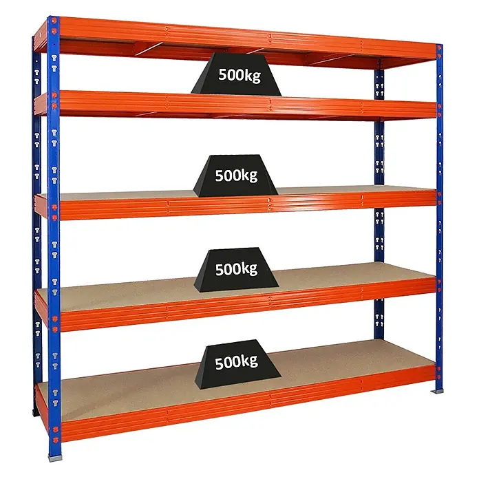 Proregal Schwerlastregal Profi RHINO - H x B x T: 180 x 200 x 60 cm, Traglast pro Boden: 500 kg, Anzahl Böden: 5 Stk., Stecken, Blau - Robustes 5-stöckiges Regal mit orangefarbenen Trägern, blauen Pfosten und 500 kg Tragkraft pro Boden.