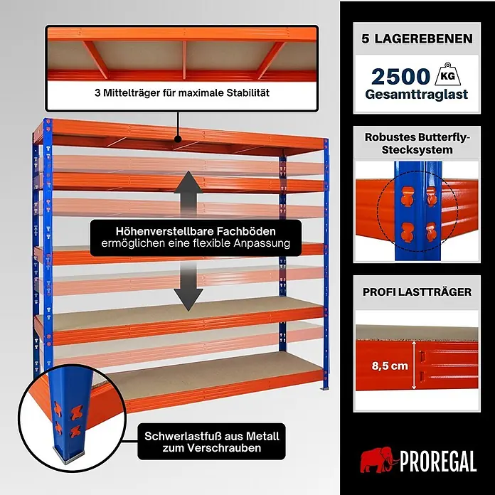 Proregal Schwerlastregal Profi RHINO - H x B x T: 180 x 200 x 60 cm, Traglast pro Boden: 500 kg, Anzahl Böden: 5 Stk., Stecken, Blau - Schwerlastregal aus Metall in Orange und Blau mit 5 höhenverstellbaren Böden und 2500 kg Gesamttraglast.