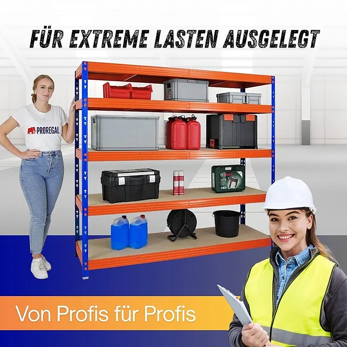 Proregal Schwerlastregal Profi RHINO - H x B x T: 180 x 200 x 60 cm, Traglast pro Boden: 500 kg, Anzahl Böden: 5 Stk., Stecken, Blau - Ein orange-blaues Schwerlastregal in einem Lager, gefüllt mit Behältern und Werkzeugen, mit zwei Frauen, die dessen Nutzung demonstrieren.