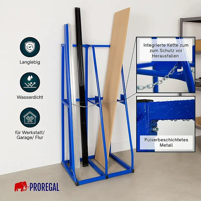 Proregal Kragarmregal Vertikalregal RHINO - Schrauben, Blau - Blaues pulverbeschichtetes Metall-Vertikalregal mit integrierter Kette für lange Materialien.