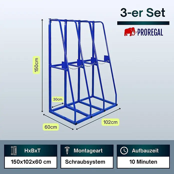 Proregal Kragarmregal Vertikalregal RHINO - Schrauben, Blau - Blaues 3-teiliges vertikales Lagerregalsystem aus Metall, 150x102x60 cm, mit Schraubsystem.