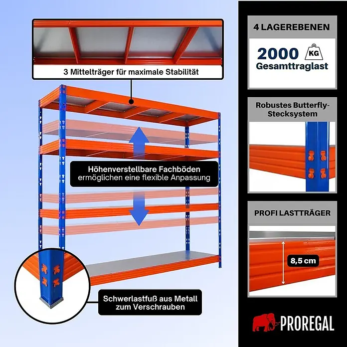 Proregal Schwerlastregal Profi RHINO - Traglast pro Boden: 500 kg, Anzahl Böden: 4 Stk., Stecken, Blau-Orange - Robustes orange-blaues Metallregal mit verstellbaren Böden, 2000kg Gesamttraglast, Butterfly-Stecksystem und stabilen Lastträgern.