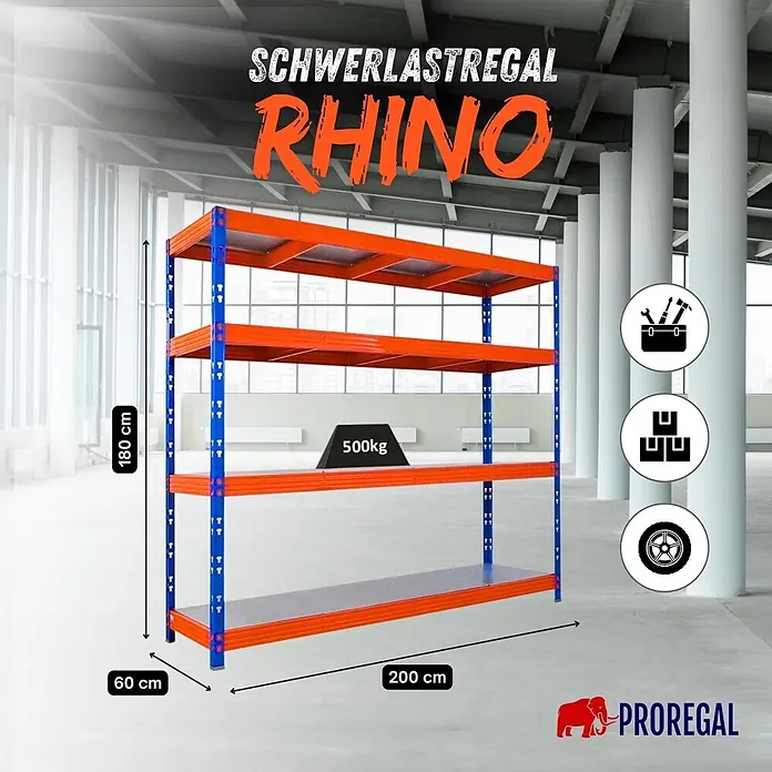 Proregal Schwerlastregal Profi RHINO - Traglast pro Boden: 500 kg, Anzahl Böden: 4 Stk., Stecken, Blau-Orange - Proregal Rhino Schwerlastregal, blau-orange, 180x200x60 cm, 500kg Traglast pro Boden, ideal für Werkzeuge, Kartons, Reifen.