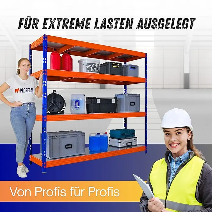 Proregal Schwerlastregal Profi RHINO - Traglast pro Boden: 500 kg, Anzahl Böden: 4 Stk., Stecken, Blau-Orange - Robustes orange-blaues Schwerlastregal mit 4 Ebenen, gefüllt mit Werkzeugen und Behältern, in einer Lagerhalle.