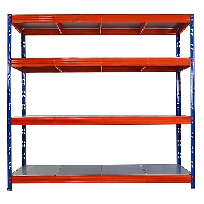 Proregal Schwerlastregal Profi RHINO - Traglast pro Boden: 500 kg, Anzahl Böden: 4 Stk., Stecken, Blau-Orange - Vierstufiges Schwerlast-Metallregal mit blauen Pfosten, orangefarbenen Trägern und grauen Böden.