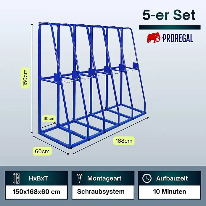 Proregal Kragarmregal Vertikalregal RHINO - Schrauben, Blau - Blaues Metall-5-Fach-Vertikallagergestell für Platten oder Scheiben.