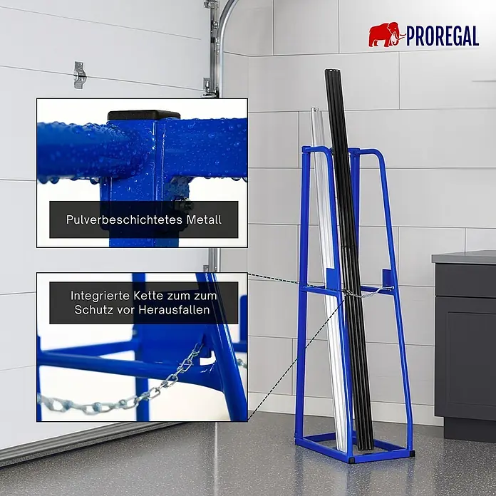 Proregal Kragarmregal Vertikalregal RHINO - Schrauben, Blau - Blauer, pulverbeschichteter Metallständer mit integrierter Kette zur Sicherung der Gegenstände.