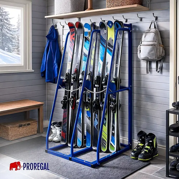 Proregal Kragarmregal Vertikalregal RHINO - Schrauben, Blau - Blaues Metall-Skiregal, das mehrere Paar Ski ordentlich organisiert.