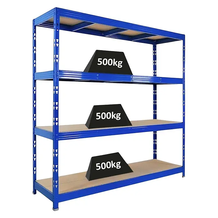 Proregal Schwerlastregal Profi RHINO - H x B x T: 200 x 200 x 60 cm, Traglast pro Boden: 500 kg, Anzahl Böden: 4 Stk., Stecken, Schwarz - Blaues Schwerlast-Metallregal mit drei Holzböden, die jeweils ein 500kg Gewicht tragen.