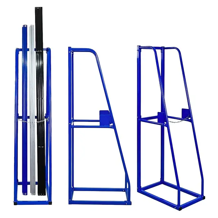 Proregal Kragarmregal Vertikalregal RHINO - Schrauben, Blau - Blauer Metall-Lagerständer für Stangen, leer und mit silbernen und schwarzen Stangen gezeigt.