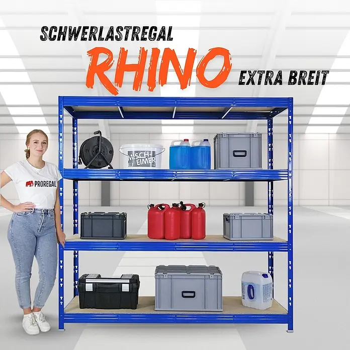 Proregal Schwerlastregal Profi RHINO - H x B x T: 200 x 200 x 60 cm, Traglast pro Boden: 500 kg, Anzahl Böden: 4 Stk., Stecken, Schwarz - Blaues Rhino Schwerlastregal, extra breit, mit einer Frau zur Größenveranschaulichung, beladen mit Lagerartikeln.