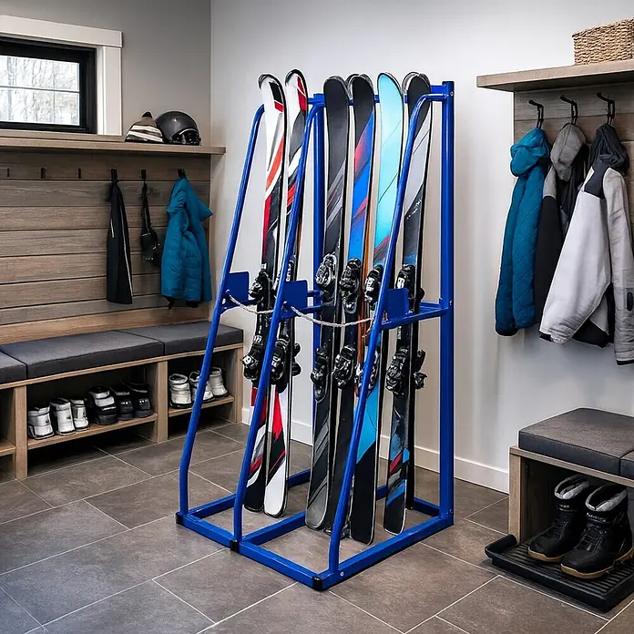 Proregal Kragarmregal Vertikalregal RHINO - Schrauben, Blau - Blaues Skiregal aus Metall für mehrere Skipaare in einem organisierten Skilagerbereich.