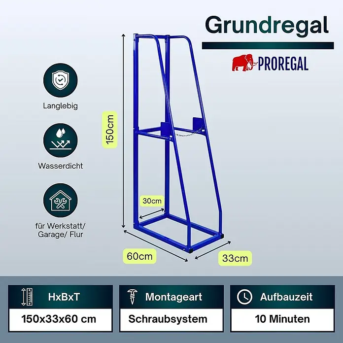 Proregal Kragarmregal Vertikalregal RHINO - Schrauben, Blau - Blaues Metall-Grundregal, 150x33x60 cm. Robust, wasserdicht, Schraubmontage, 10 Min. Aufbau. Ideal für Werkstatt/Garage.