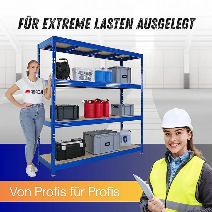Proregal Schwerlastregal Profi RHINO - H x B x T: 200 x 200 x 60 cm, Traglast pro Boden: 500 kg, Anzahl Böden: 4 Stk., Stecken, Schwarz - Blaues Metall-Schwerlastregal in einer Lagerhalle, beladen mit verschiedenen Gegenständen. Zwei Frauen zeigen Größe und professionelle Anwendung.