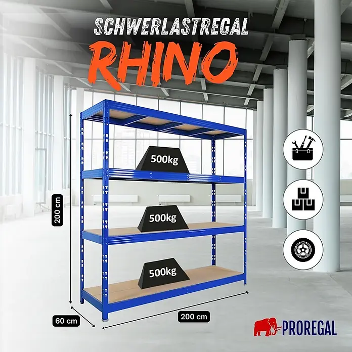 Proregal Schwerlastregal Profi RHINO - H x B x T: 200 x 200 x 60 cm, Traglast pro Boden: 500 kg, Anzahl Böden: 4 Stk., Stecken, Schwarz - Blaues Schwerlastregal aus Metall mit Holzregalböden (200x200x60cm), jeder Boden zeigt 500kg Traglast.