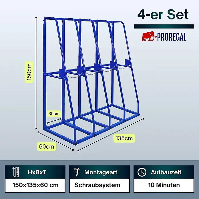 Proregal Kragarmregal Vertikalregal RHINO - Schrauben, Blau - Blaues Metall-Lagerregal (4er-Set) mit Schraubsystem. Gesamtmaße: 150x135x60 cm.