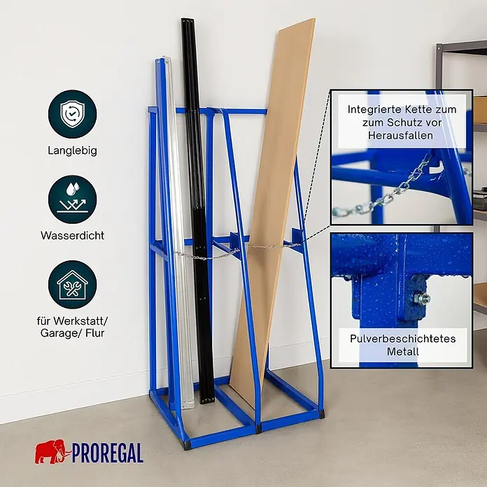 Proregal Kragarmregal Vertikalregal RHINO - Schrauben, Blau - Blauer, pulverbeschichteter Metallständer mit integrierter Kette zur Lagerung von Platten oder langen Gegenständen in Werkstatt oder Garage.