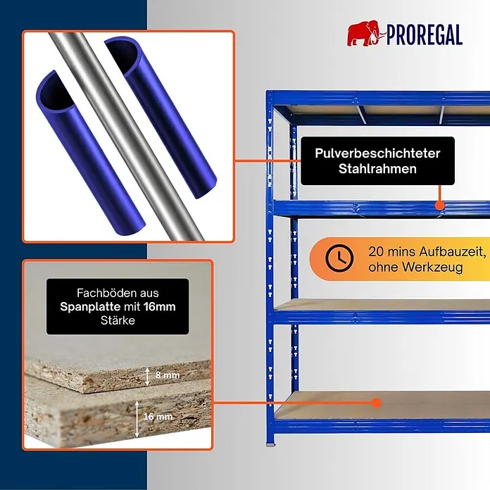 Profi Schwerlastregal Rhino | HxBxT 200x200x60cm | 4 Spanplatten-Ebenen 16mm | Fachlast 500kg | Blau -  - Blaues Regal mit pulverbeschichtetem Stahlrahmen und 16mm Spanplattenböden. Aufbau in 20 Min. ohne Werkzeug.