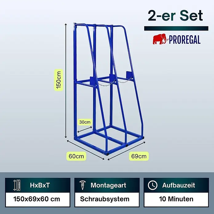 Proregal Kragarmregal Vertikalregal RHINO - Schrauben, Blau - Zwei blaue Metallregale zur Reifenlagerung, als 2er-Set.