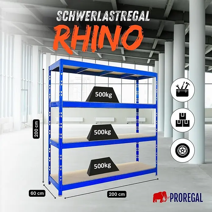 Profi Schwerlastregal Rhino | HxBxT 200x200x60cm | 4 Spanplatten-Ebenen 16mm | Fachlast 500kg | Blau -  - Blaues PROREGAL RHINO Schwerlastregal mit 3 Holzregalböden, je 500kg Traglast, Maße 200x200x60cm, in Industrieumgebung.