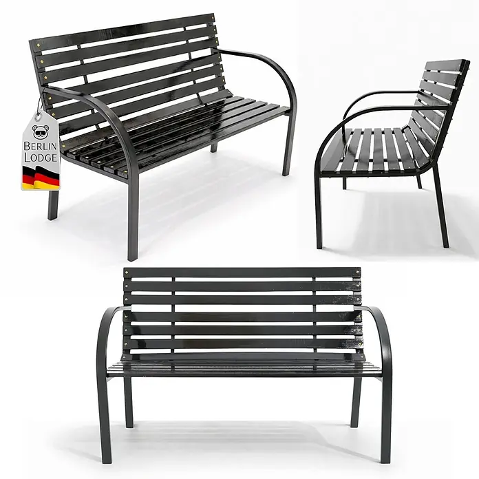 Berlinlodge Gartenbank SANTORINI 2-Sitzer - Lackiert|Pulverbeschichtet, Schwarz - Schwarze Bank mit Holzlatten und geschwungenem Metallrahmen.