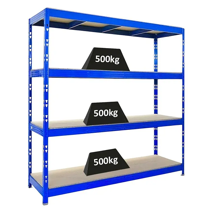 Profi Schwerlastregal Rhino | HxBxT 200x200x60cm | 4 Spanplatten-Ebenen 16mm | Fachlast 500kg | Blau -  - Blaues Metallregal mit drei Böden, die jeweils 500kg Gewicht tragen.
