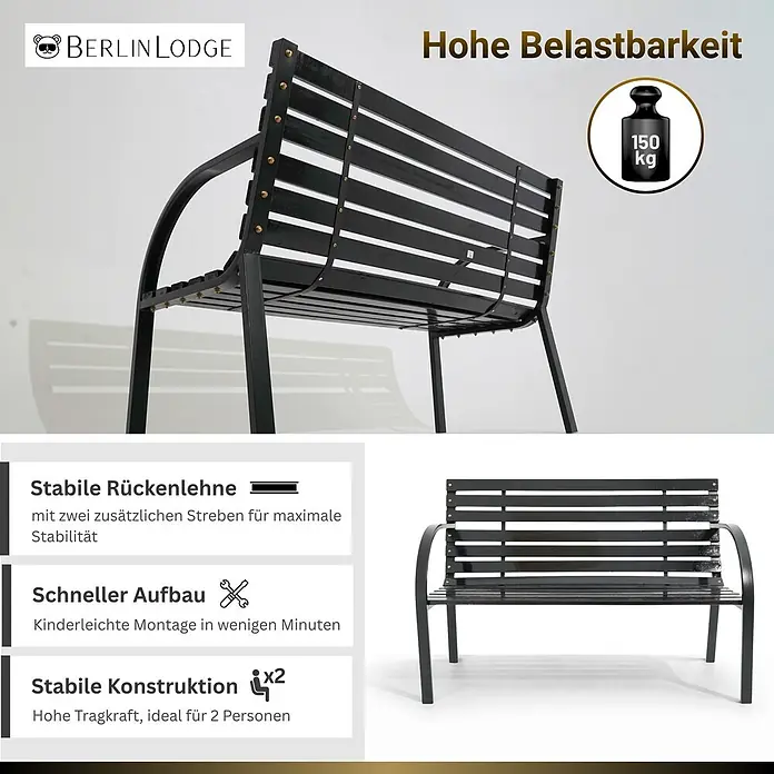 Berlinlodge Gartenbank SANTORINI 2-Sitzer - Lackiert|Pulverbeschichtet, Schwarz - Schwarze Gartenbank aus Holzlatten mit Metallgestell, 150 kg Tragkraft, geeignet für 2 Personen.