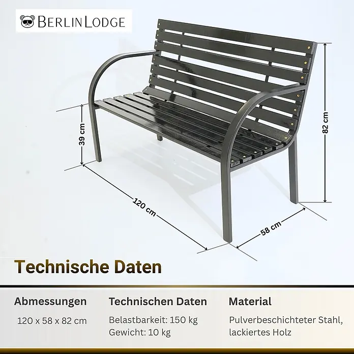 Berlinlodge Gartenbank SANTORINI 2-Sitzer - Lackiert|Pulverbeschichtet, Schwarz - Schwarze Gartenbank aus lackiertem Holz und pulverbeschichtetem Stahl, 120x58x82 cm, Sitzhöhe 39 cm.