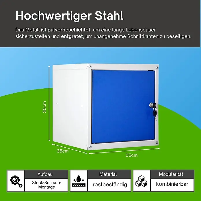 Proregal Schließfachschrank Cubic - Grau/Blau, Zerlegt - Weiß-blauer, modularer Stahlspind (35cm Kantenlänge), rostbeständig mit Schloss.