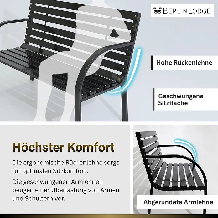 Berlinlodge Gartenbank SANTORINI 2-Sitzer - Lackiert|Pulverbeschichtet, Schwarz - Schwarze Gartenbank mit hoher Rückenlehne, geschwungener Sitzfläche und abgerundeten Armlehnen für ergonomischen Komfort.