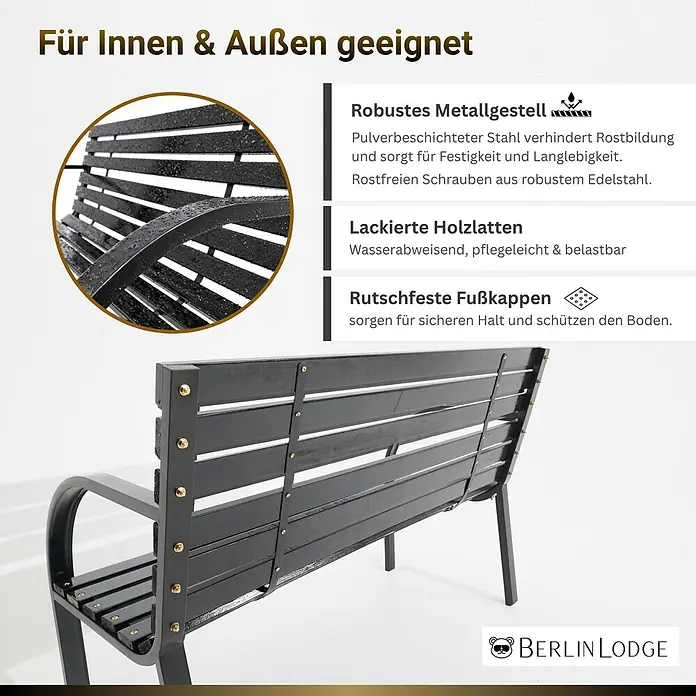 Berlinlodge Gartenbank SANTORINI 2-Sitzer - Lackiert|Pulverbeschichtet, Schwarz - Schwarze Gartenbank mit pulverbeschichtetem Stahlgestell und lackierten Holzlatten, für Innen & Außen geeignet.