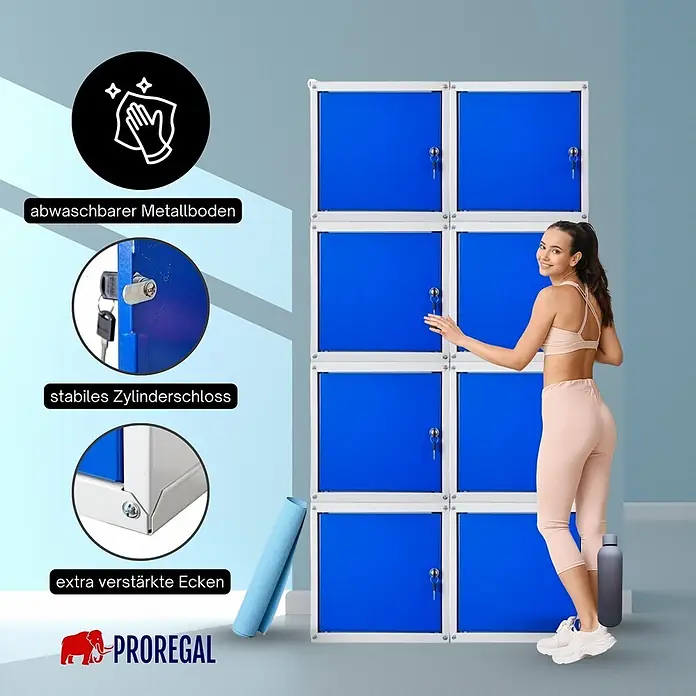 Proregal Schließfachschrank Cubic - Grau/Blau, Zerlegt - Blaues Metallschranksystem mit 8 Fächern, abwaschbaren Böden, Zylinderschlössern und verstärkten Ecken. Eine Frau öffnet ein Fach.