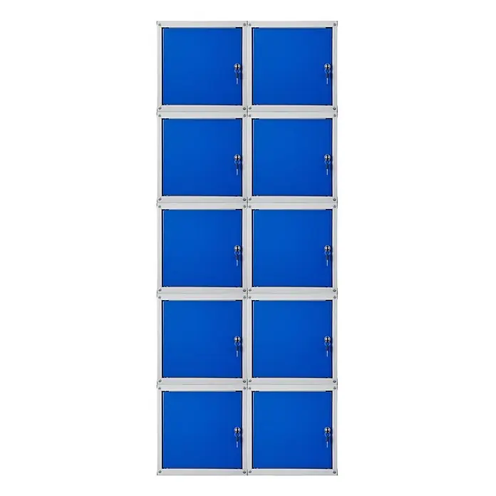 Proregal Schließfachschrank Mega Deal 10x Cubic - Grau/Blau, Zerlegt - Blaue Metallschließfächer mit silbernen Rahmen und Schlüsseln in den Schlössern, in zwei Spalten angeordnet.