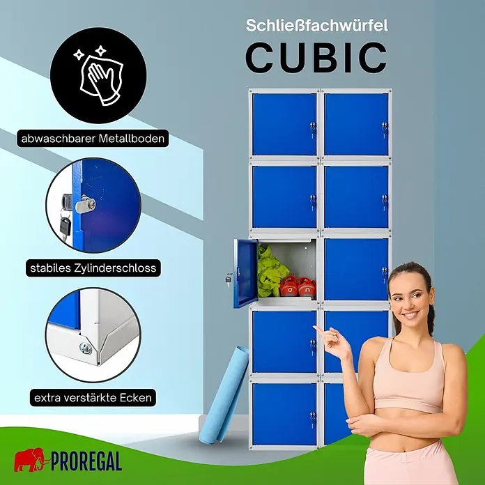 Proregal Schließfachschrank Mega Deal 10x Cubic - Grau/Blau, Zerlegt - Blau-grauer modularer Schließfachwürfel mit stabilen Zylinderschlössern, verstärkten Ecken und abwaschbarem Metallboden, im Fitnessstudio gezeigt.