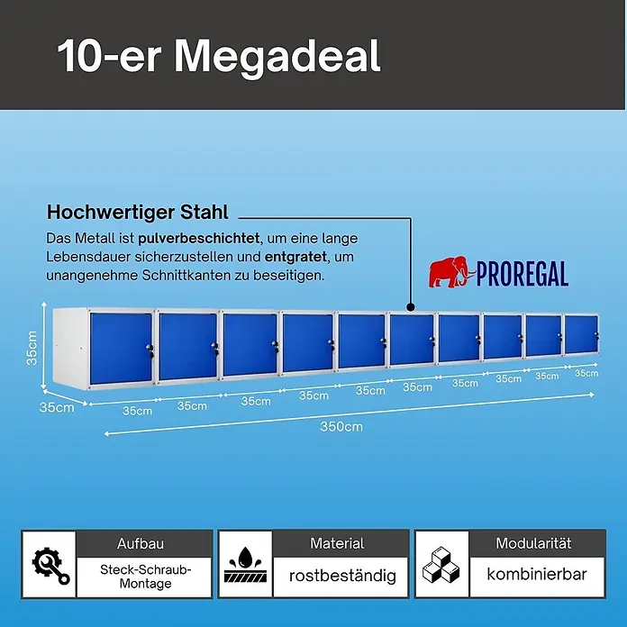 Proregal Schließfachschrank Mega Deal 10x Cubic - Grau/Blau, Zerlegt - Zehn modulare Stahl-Schließfächer mit blauen Türen und weißem Rahmen. 35x35x350cm, pulverbeschichtet und rostbeständig.