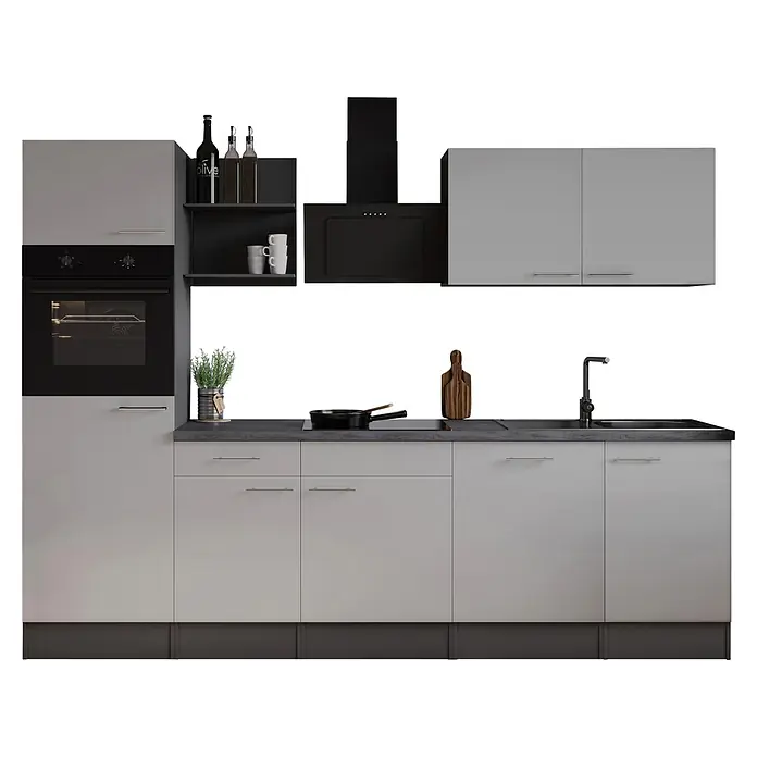 Respekta Oliver Küchenzeile - Breite: 280 cm, Weiß, Geschirrspüler | Kochfeld | Backofen | Dunstabzugshaube - Moderne Modulküche mit hellgrauen Schränken, dunkelgrauer Arbeitsplatte, schwarzen Geräten und Spüle, komplett mit Zubehör.