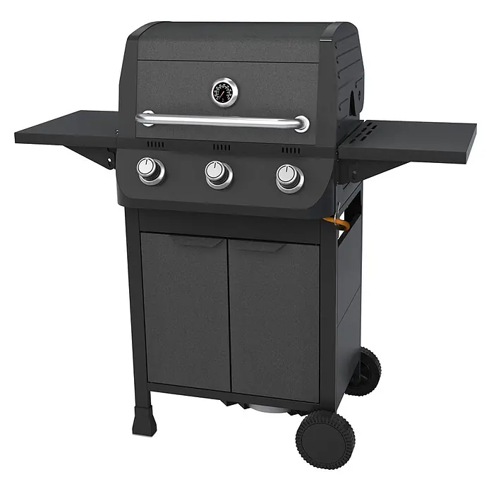 Grillstar Gasgrill Nebraska - Grillfläche (B x T): 54 x 34 cm, 7,8 kW, Anzahl Brenner: 3 Stk. - Schwarzer matter Gasgrill mit drei Brennern, Seitenablagen, Unterschrank und integriertem Thermometer.