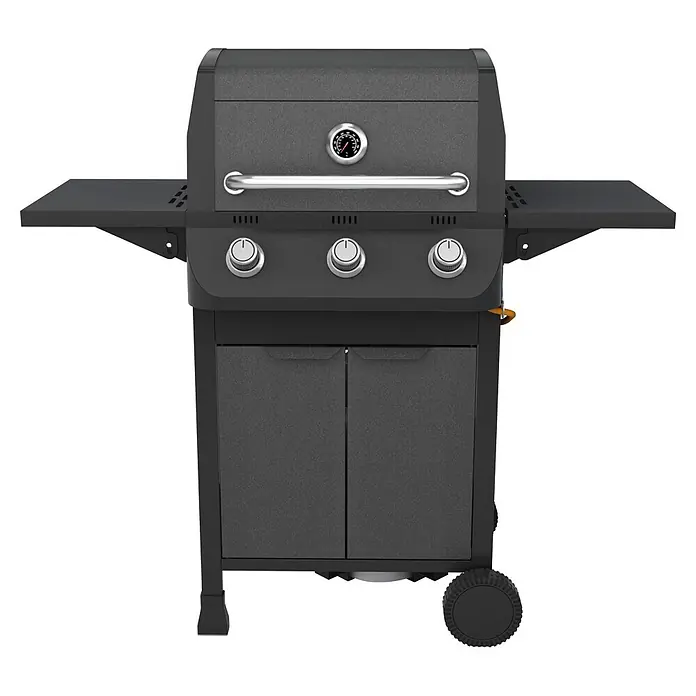 Grillstar Gasgrill Nebraska - Grillfläche (B x T): 54 x 34 cm, 7,8 kW, Anzahl Brenner: 3 Stk. - Dunkelgrauer 3-Flammen-Gasgrill mit Seitenablagen, Deckelthermometer und Unterschrank.