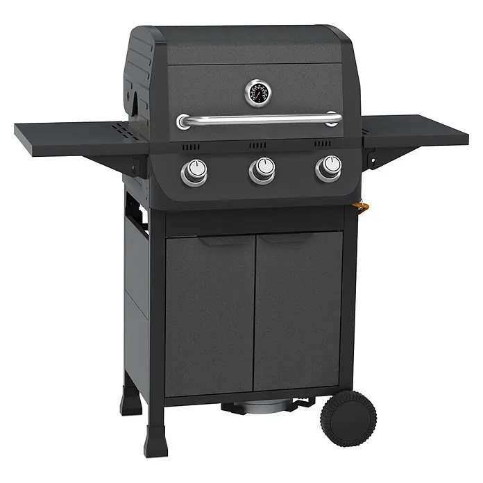 Grillstar Gasgrill Nebraska - Grillfläche (B x T): 54 x 34 cm, 7,8 kW, Anzahl Brenner: 3 Stk. - Schwarzer Gasgrill mit Seitenablagen, Temperaturanzeige, Bedienknöpfen und Unterschrank.