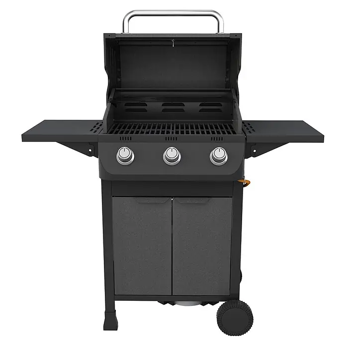 Grillstar Gasgrill Nebraska - Grillfläche (B x T): 54 x 34 cm, 7,8 kW, Anzahl Brenner: 3 Stk. - Schwarzer Gasgrill mit offenem Deckel, Seitenablagen und drei Bedienknöpfen.
