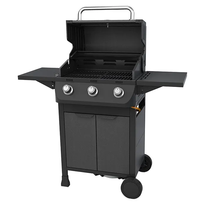 Grillstar Gasgrill Nebraska - Grillfläche (B x T): 54 x 34 cm, 7,8 kW, Anzahl Brenner: 3 Stk. - Schwarzer Gasgrill mit offenem Deckel, silbernem Griff, drei Drehknöpfen, Seitenablagen und Unterschrank mit Rädern.